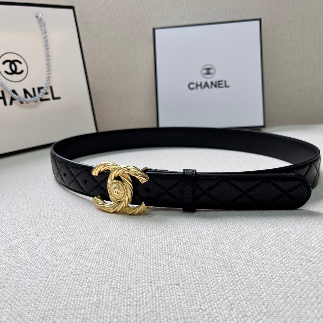 Ch**el Gold Chain & Black Quilted Leather CC Belt