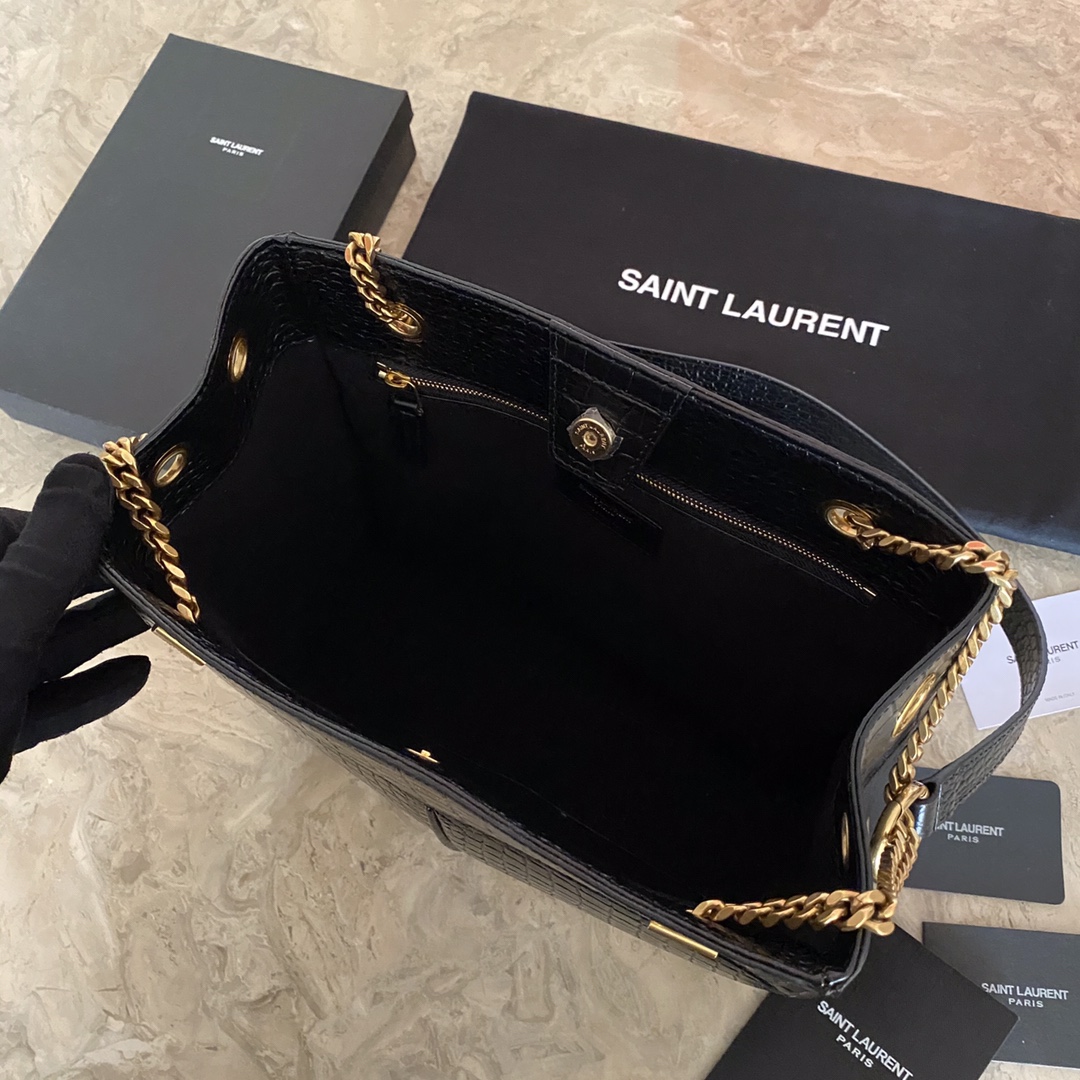 Y51 Sa1nt Lau*nt classic reproduction crocodile pattern shopping bag with detachable chain, bronze metal chain