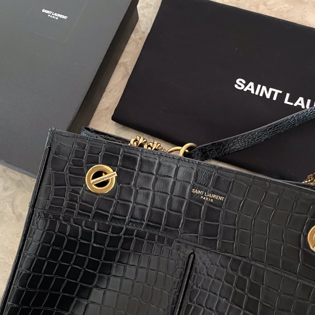 Y51 Sa1nt Lau*nt classic reproduction crocodile pattern shopping bag with detachable chain, bronze metal chain