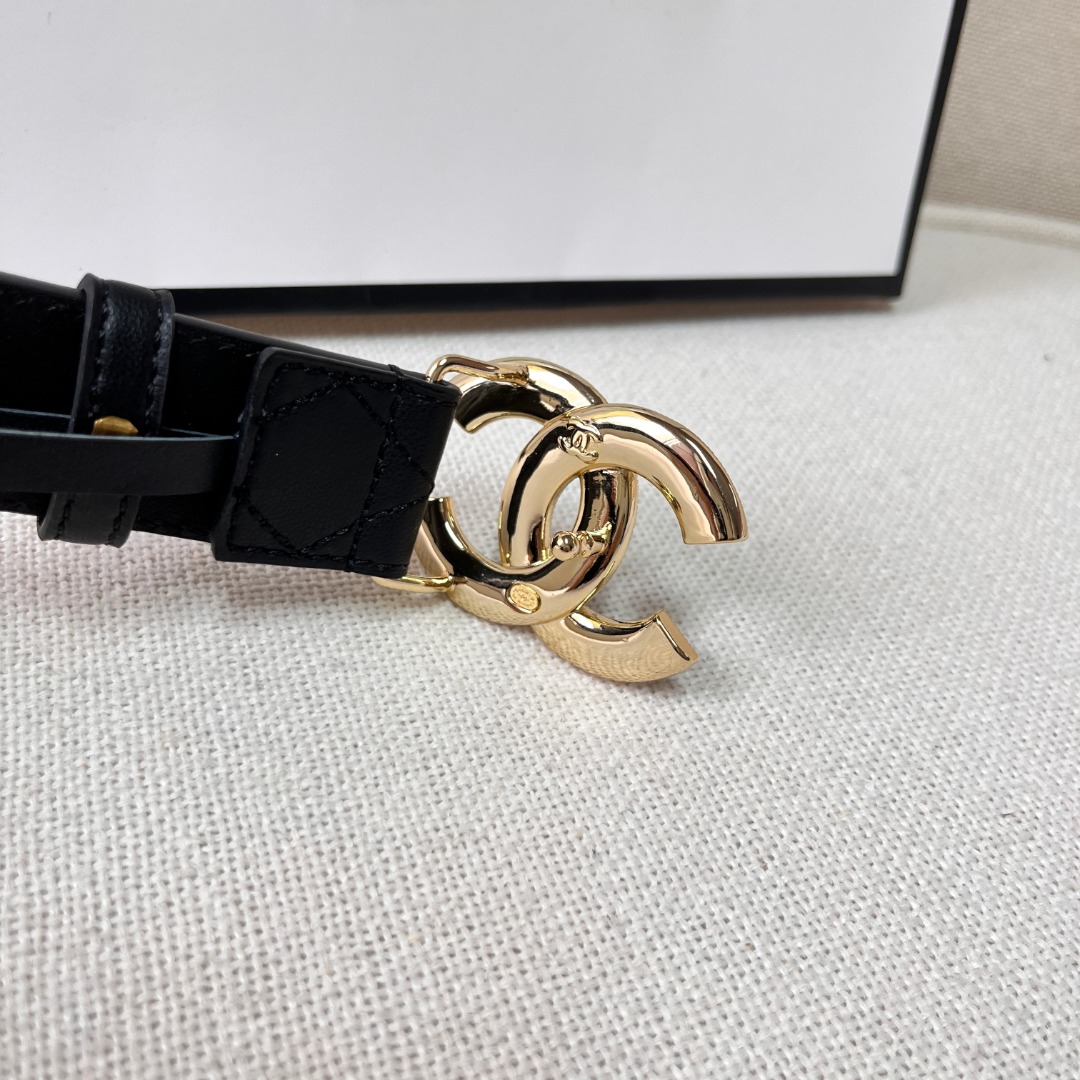 Black Quilted Leather CC Logo Belt