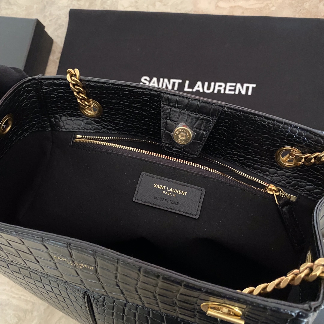 Y51 Sa1nt Lau*nt classic reproduction crocodile pattern shopping bag with detachable chain, bronze metal chain