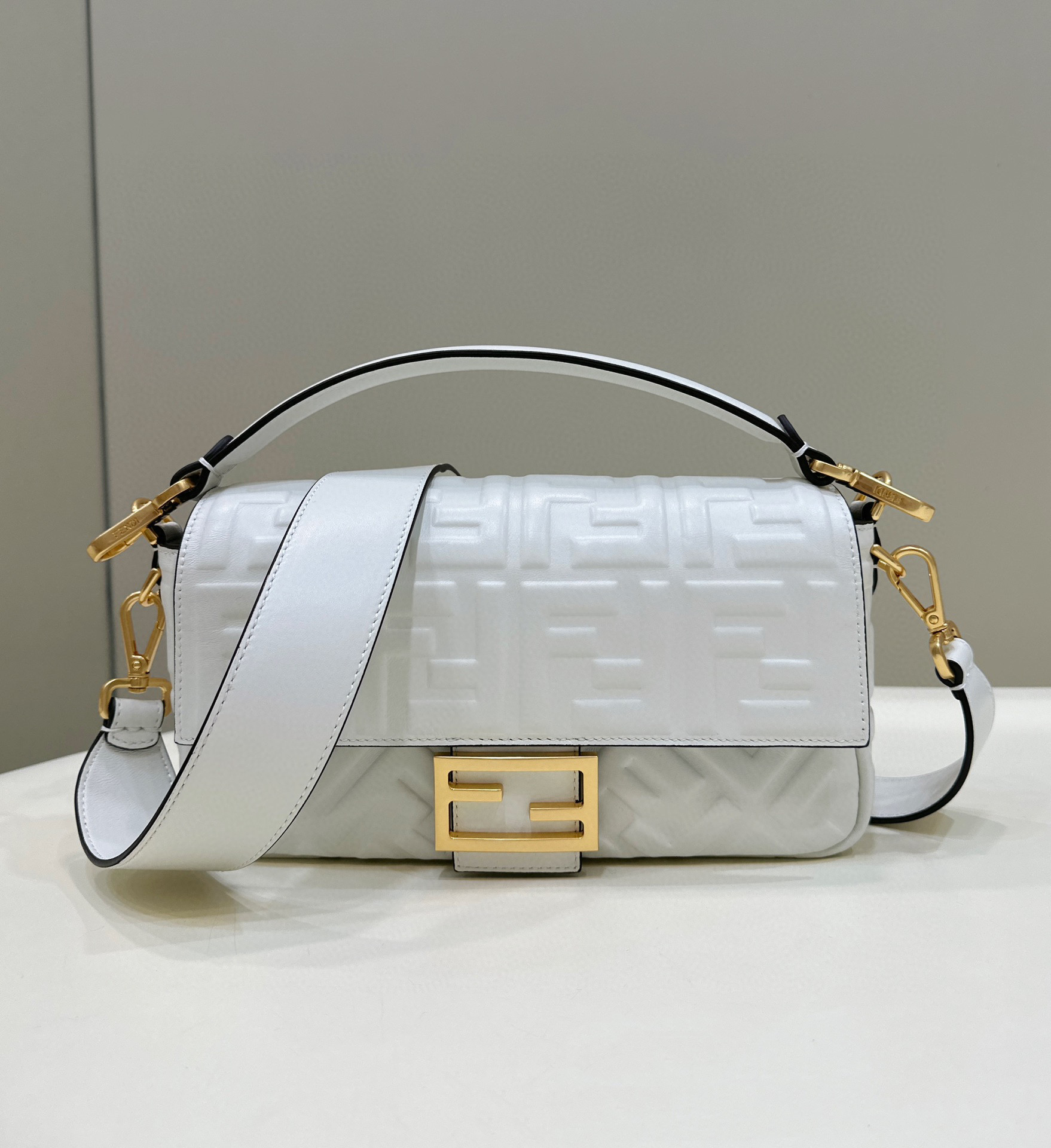F**di Baguette White Leather Bag