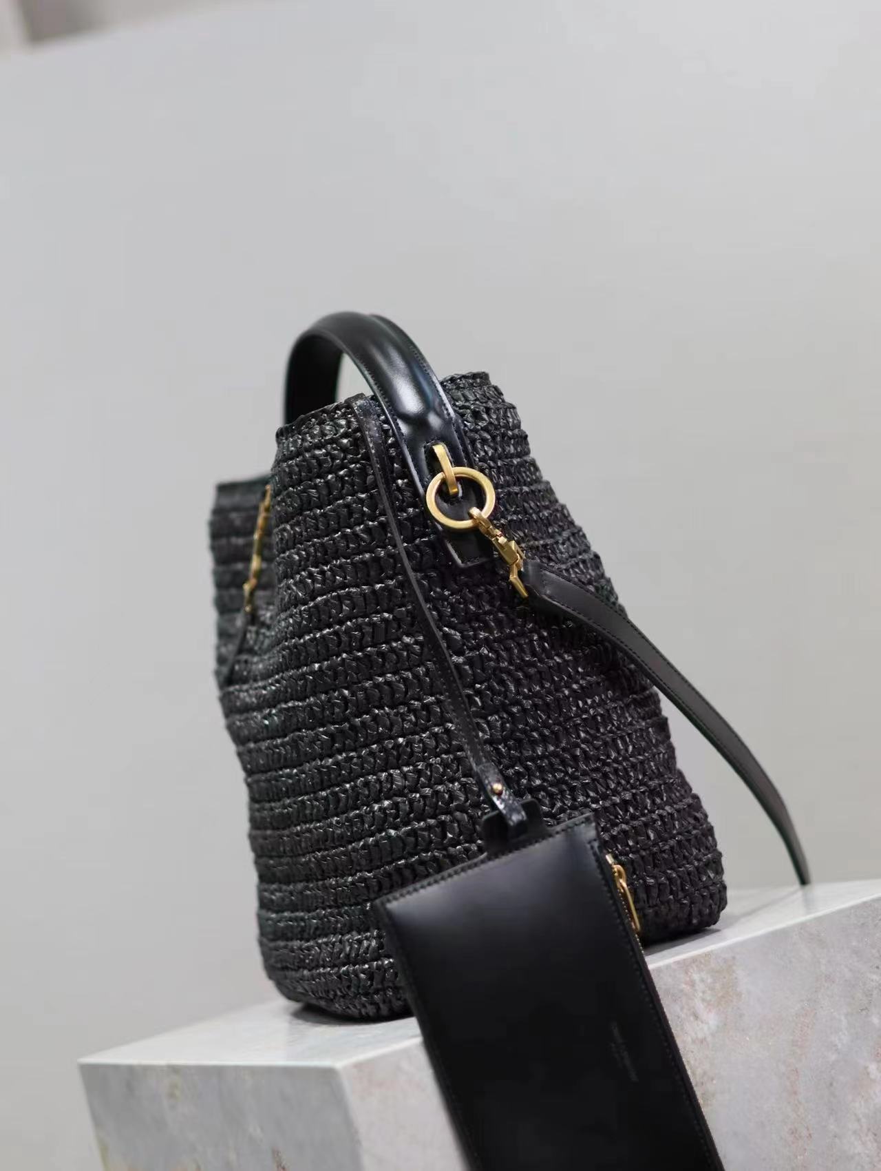 Sa1nt Lau*nt Le 37 leather-trimmed raffia bucket bag
