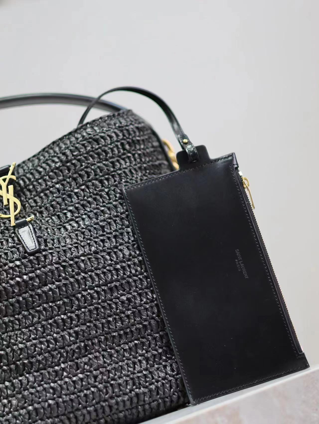 Sa1nt Lau*nt Le 37 leather-trimmed raffia bucket bag
