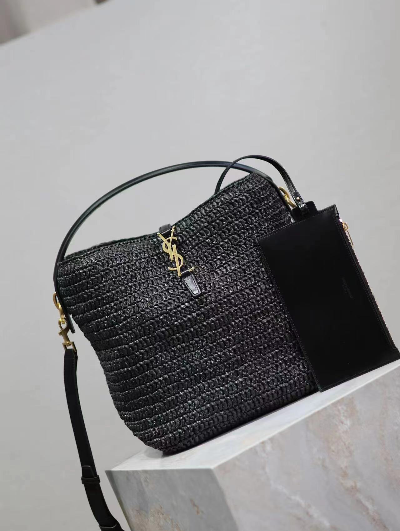 Sa1nt Lau*nt Le 37 leather-trimmed raffia bucket bag