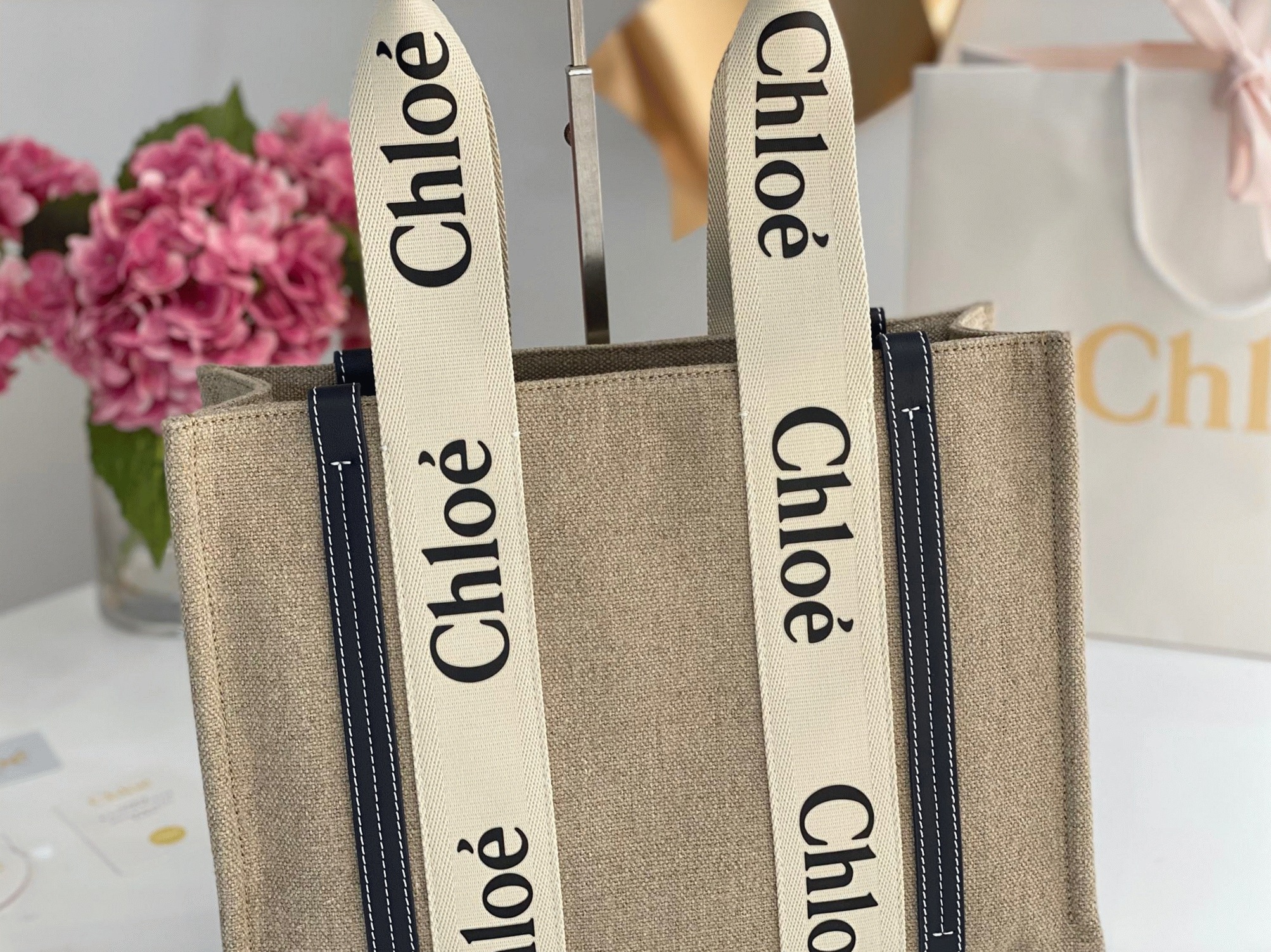 Top Quality Faux Chloe Woody Medium Tote Bag in Linen Canvas with Navy Blue Leather