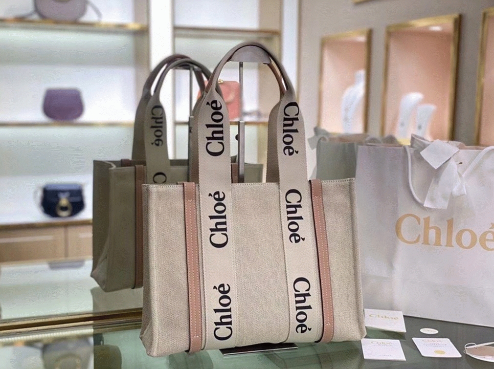 Top Quality Replica Chloe Medium Woody Tote Bag in Canvas with Beige Leather Strips