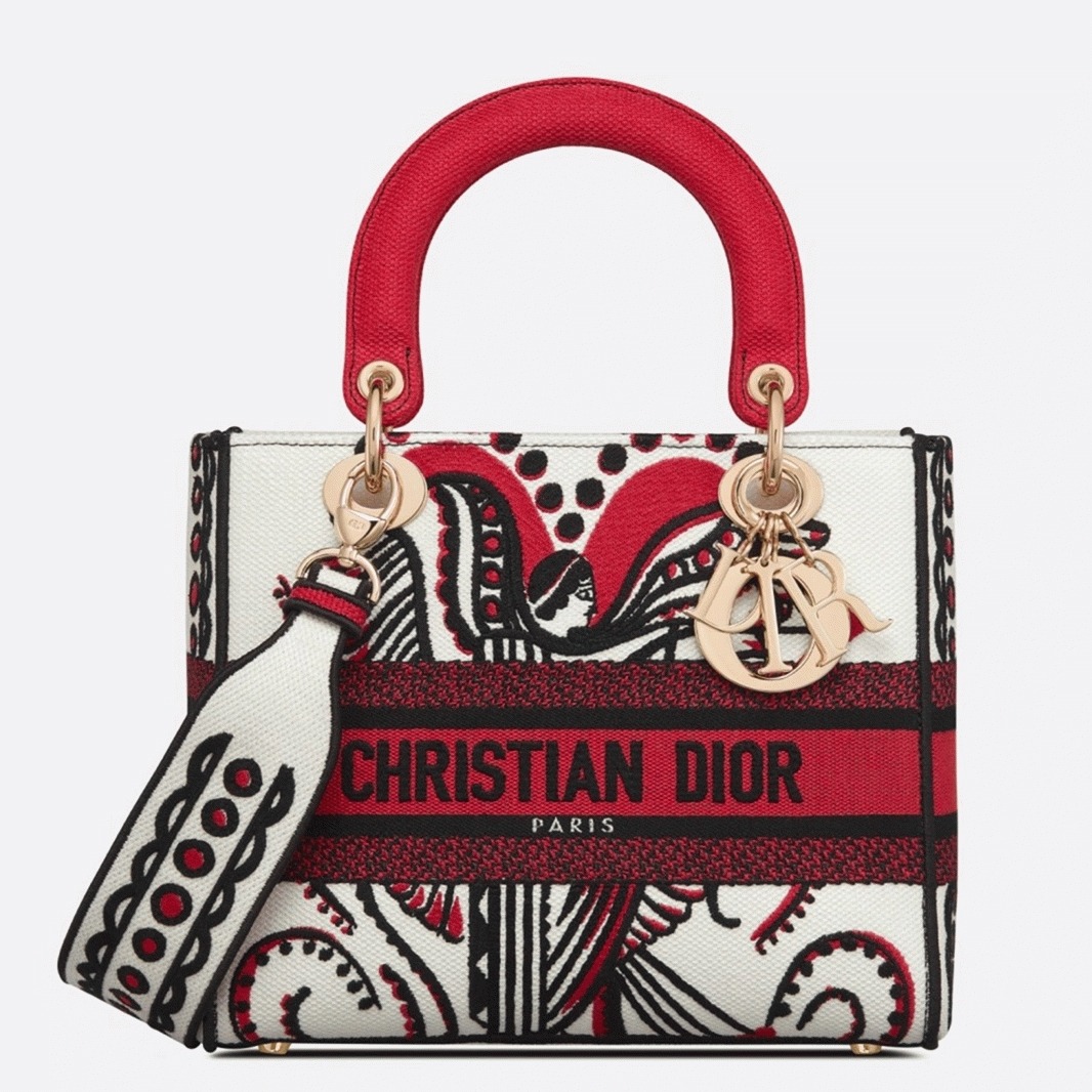 D10r Lady D-Lite Medium Bag Replica in White Multicolor Cupidon Embroidery