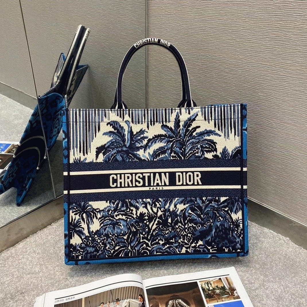 D10r Large Book Tote Bag Replica in Blue D10r Palms Embroidery