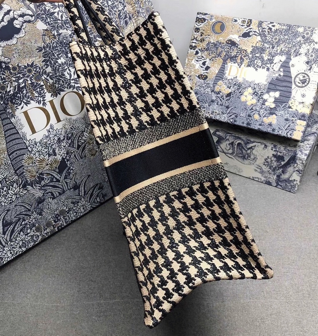 D10r Large Book Tote Bag Replica in Beige Houndstooth Embroidery Canvas