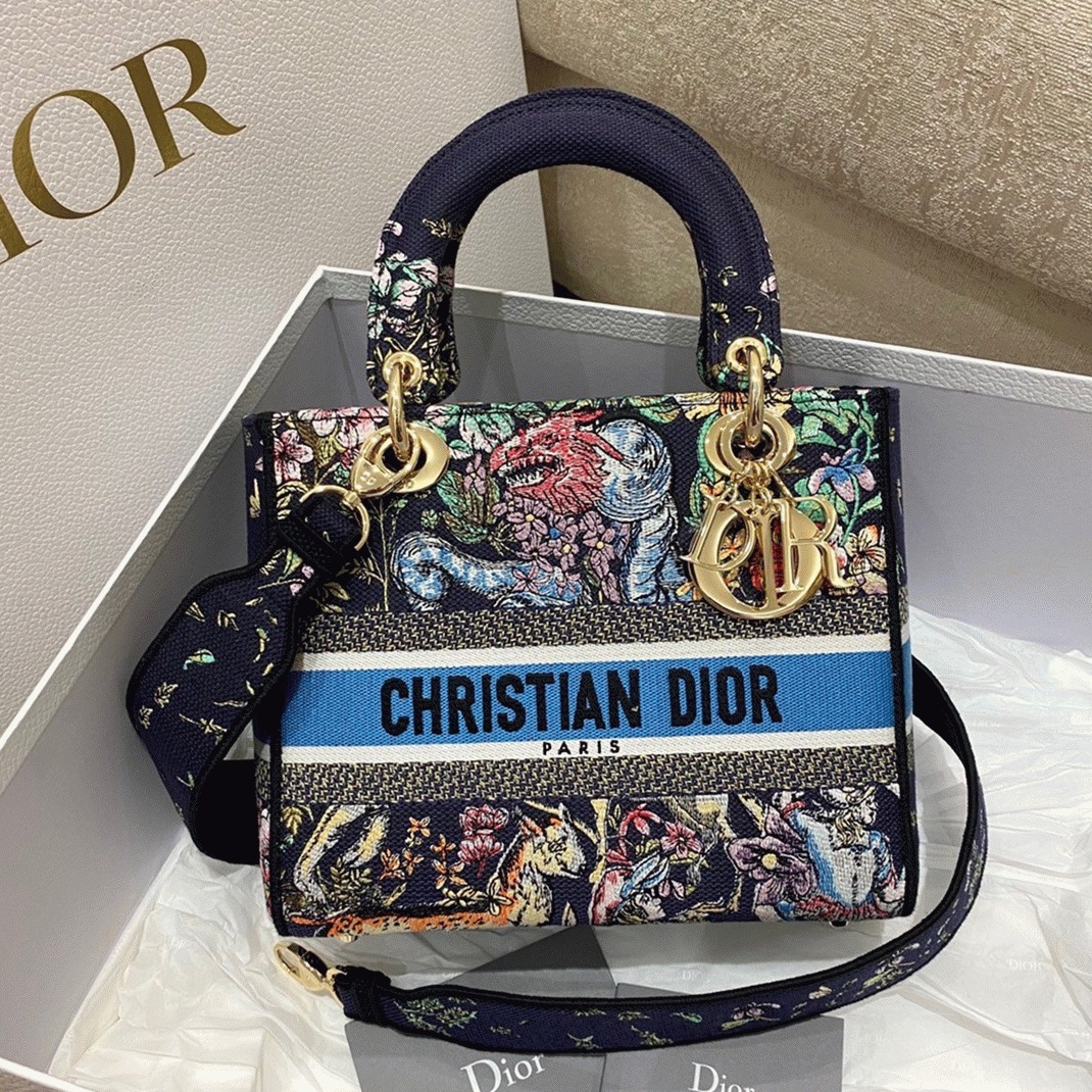 D10r Lady D-Lite Medium Bag Replica in Blue D-Constellation Embroidery