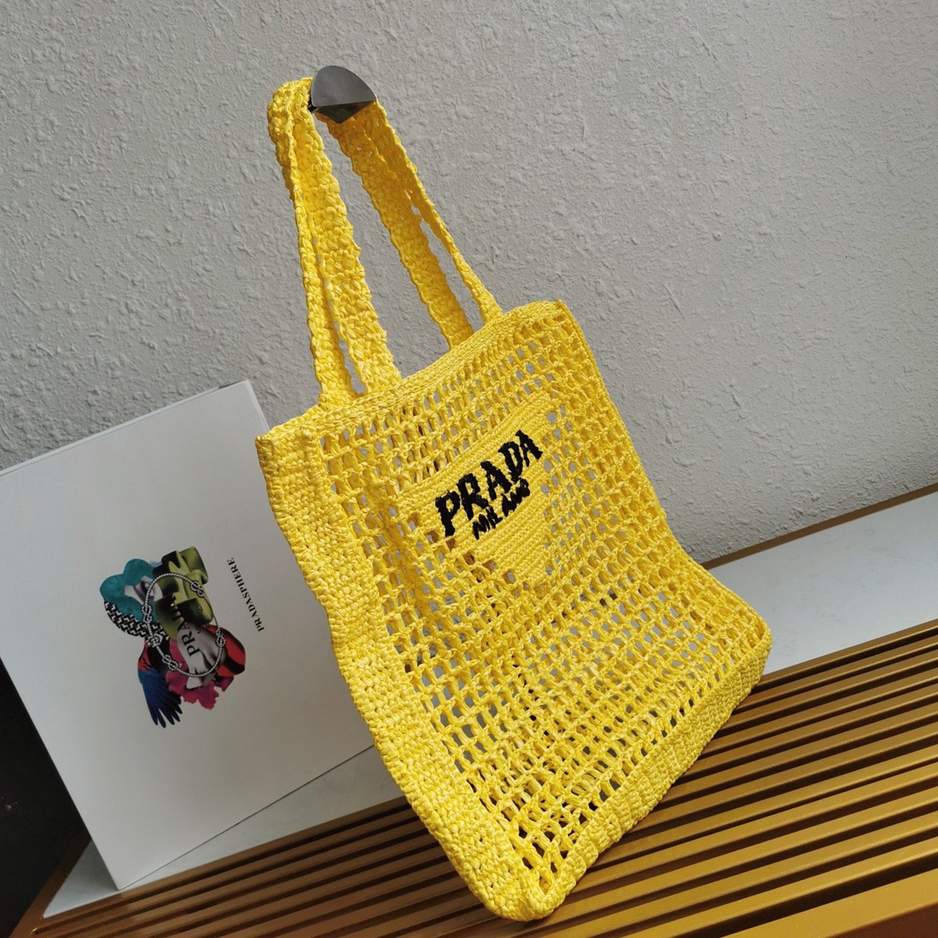 Pra*a Small Tote Bag Replica in Yellow Woven Raffia