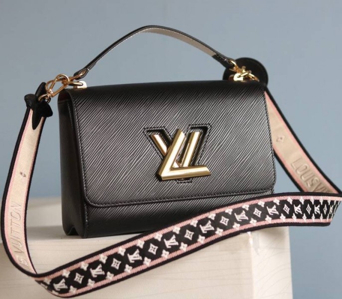 L0vis Vvtt0n Epi Leather Twist MM Handbag In Black With Embroidered Strap