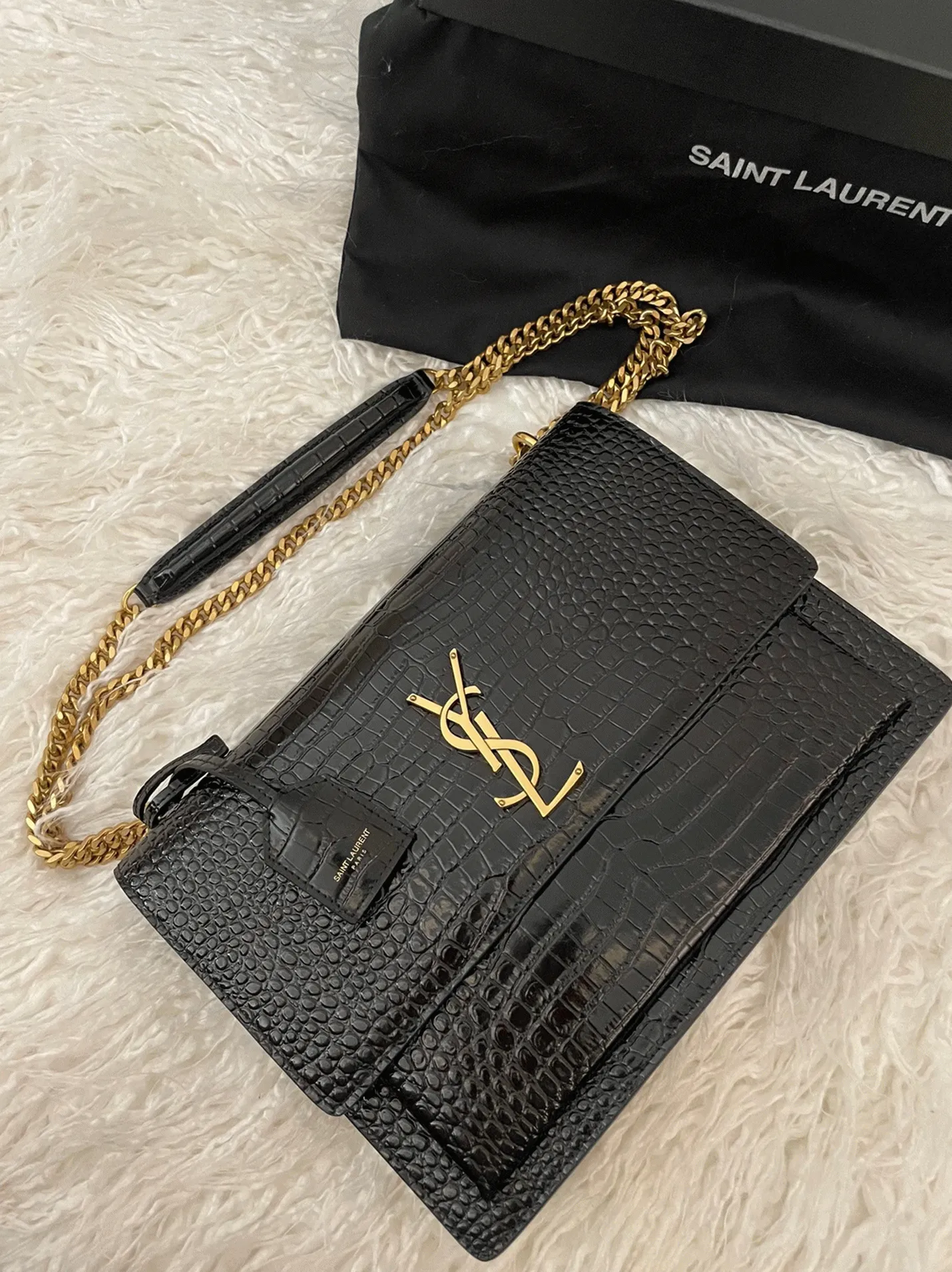 Black Croc-Embossed Leather Y51 Sunset Medium Chain Replica Bag