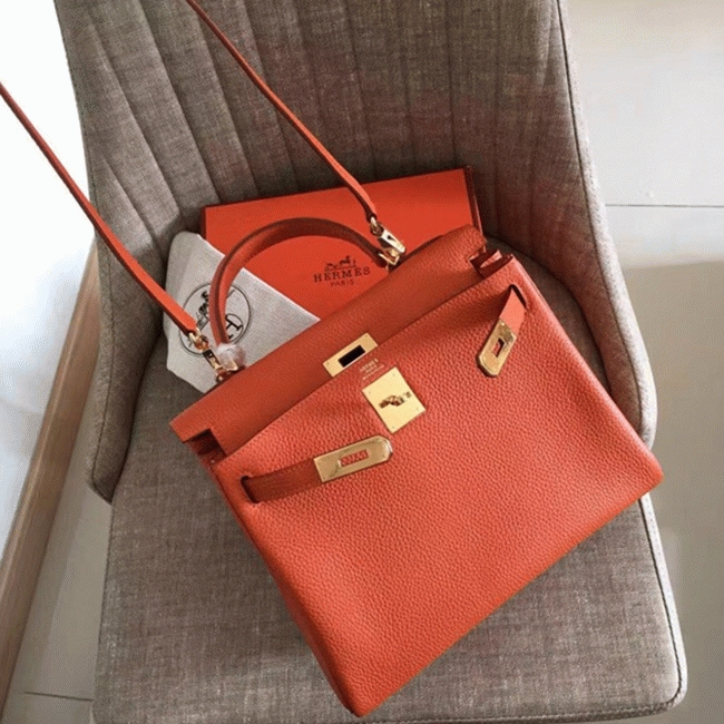 Orange Clemence Fake H**me5 Kelly Retourne 28cm Signature Purse