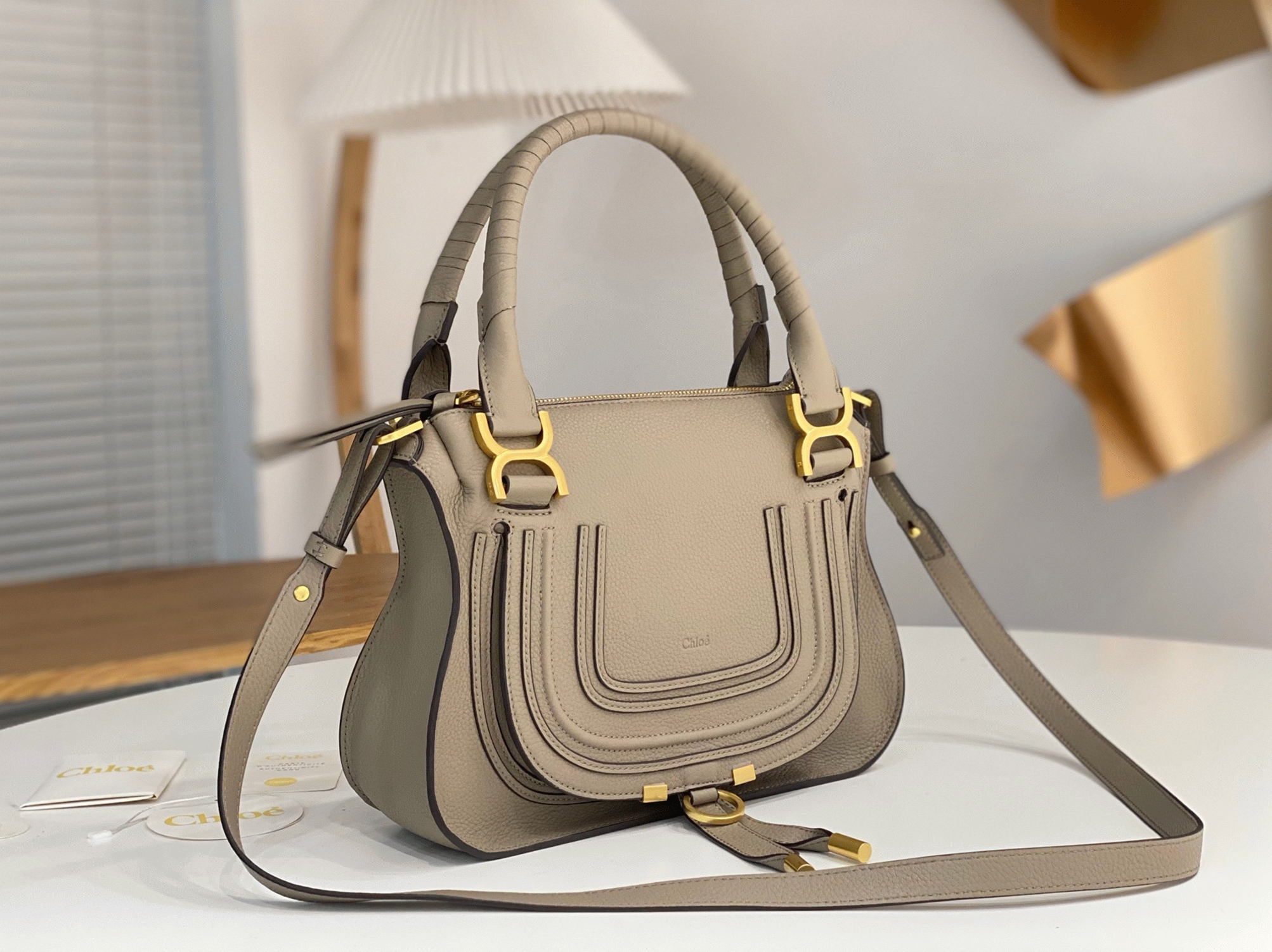 Top Quality Faux Chloe Marcie Small Double Carry Bag in Sand Grained Leather