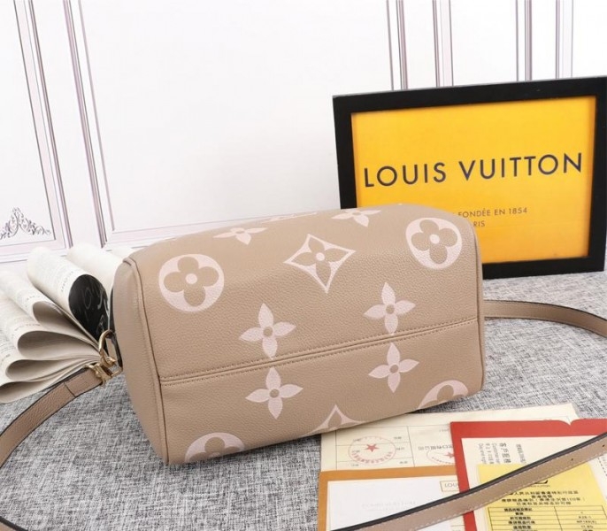 L0vis Vvtt0n Bicolor Monogram Empreinte Leather Speedy Bandouliere 25 Handbag In Tourterelle Gray And Cream