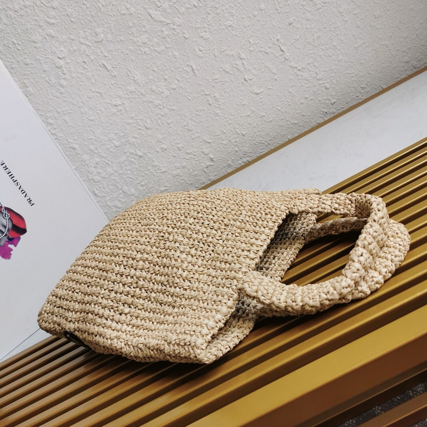 Pra*a Small Crochet Tote Bag Knockoff in Beige Raffia-effect Yarn