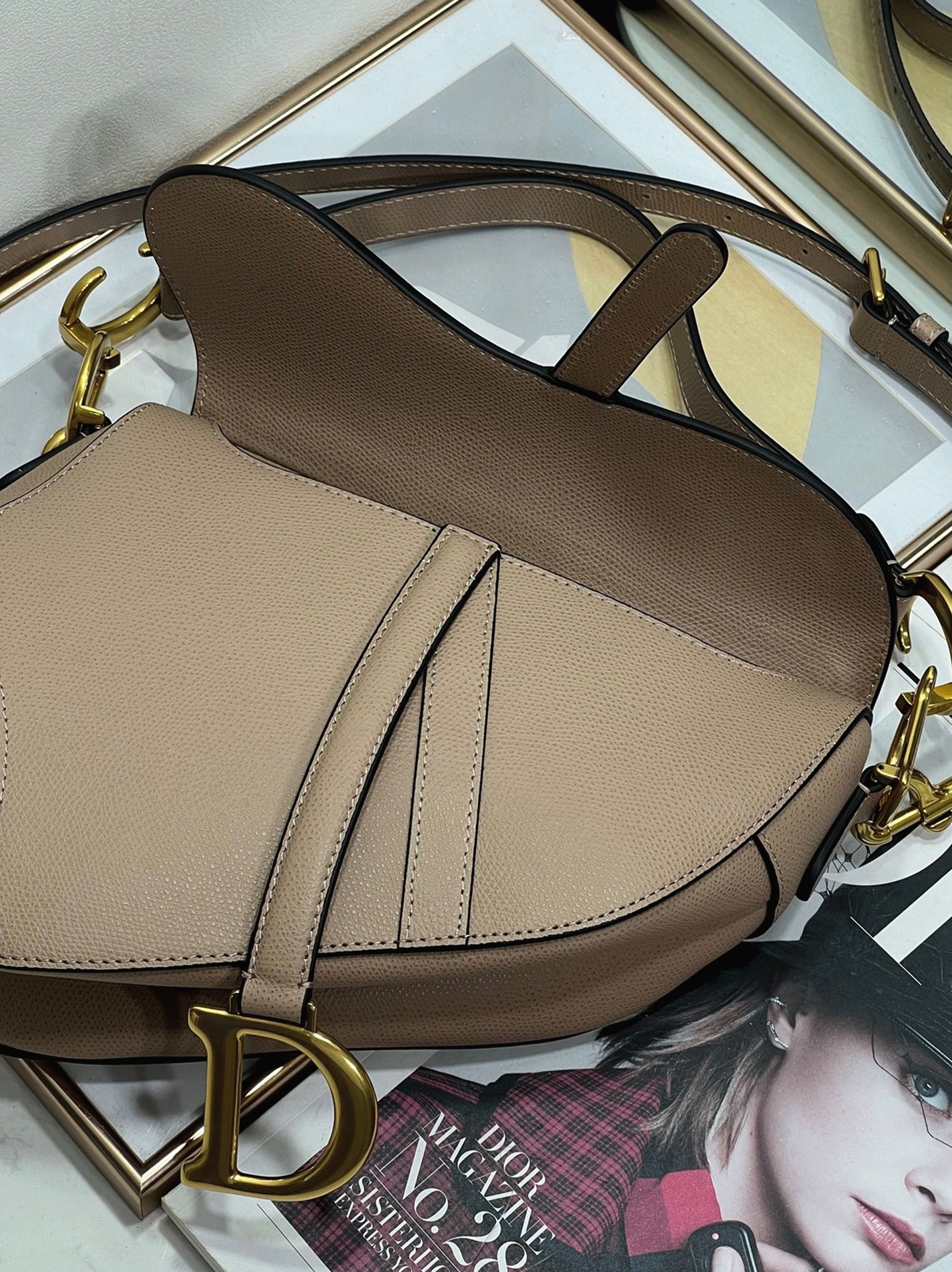 D10r Saddle Bag with Strap Faux in Warm Taupe Grained Calfskin