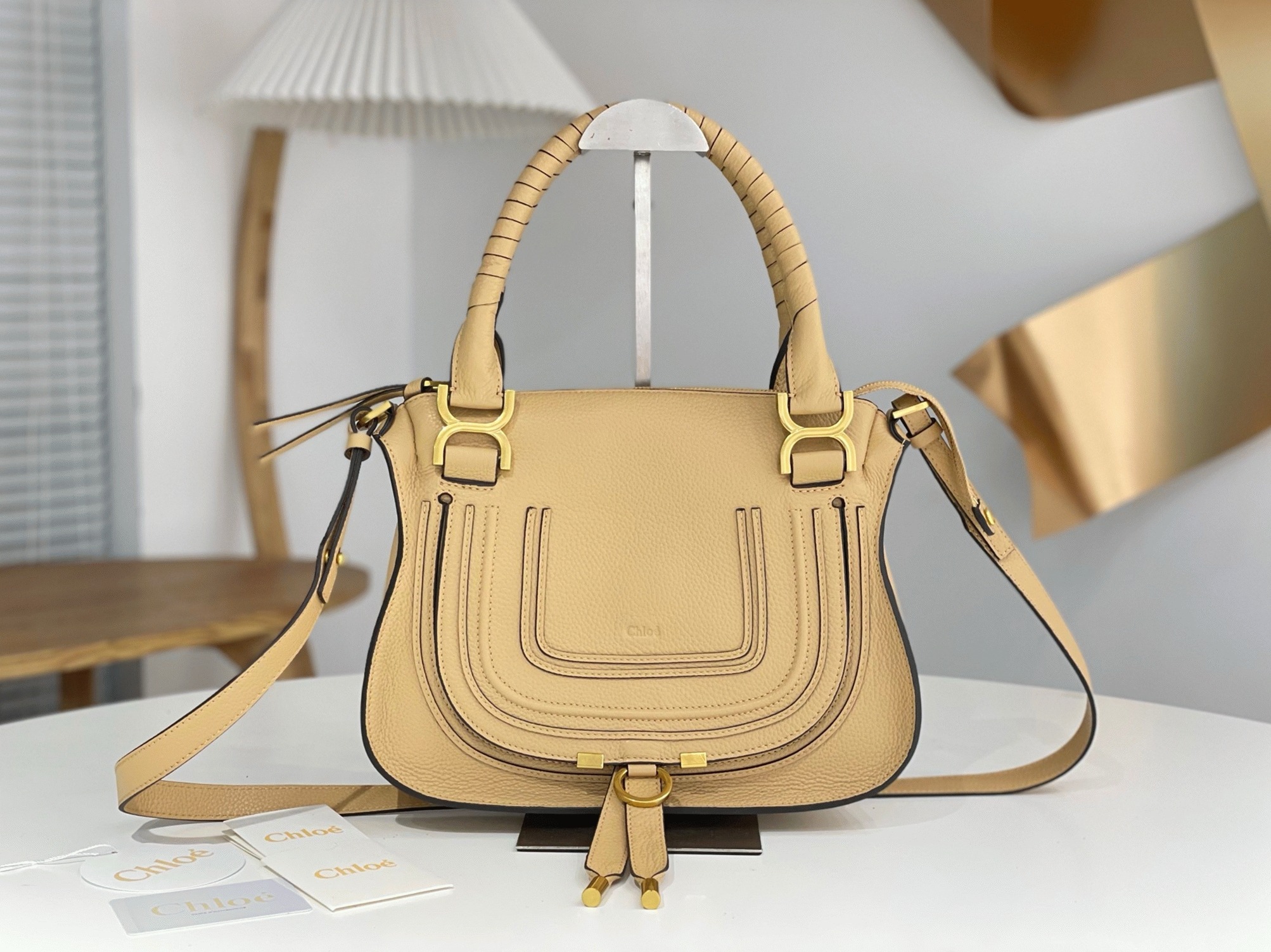 Top Quality Fake Chloe Marcie Small Double Carry Bag in Beige Grained Leather