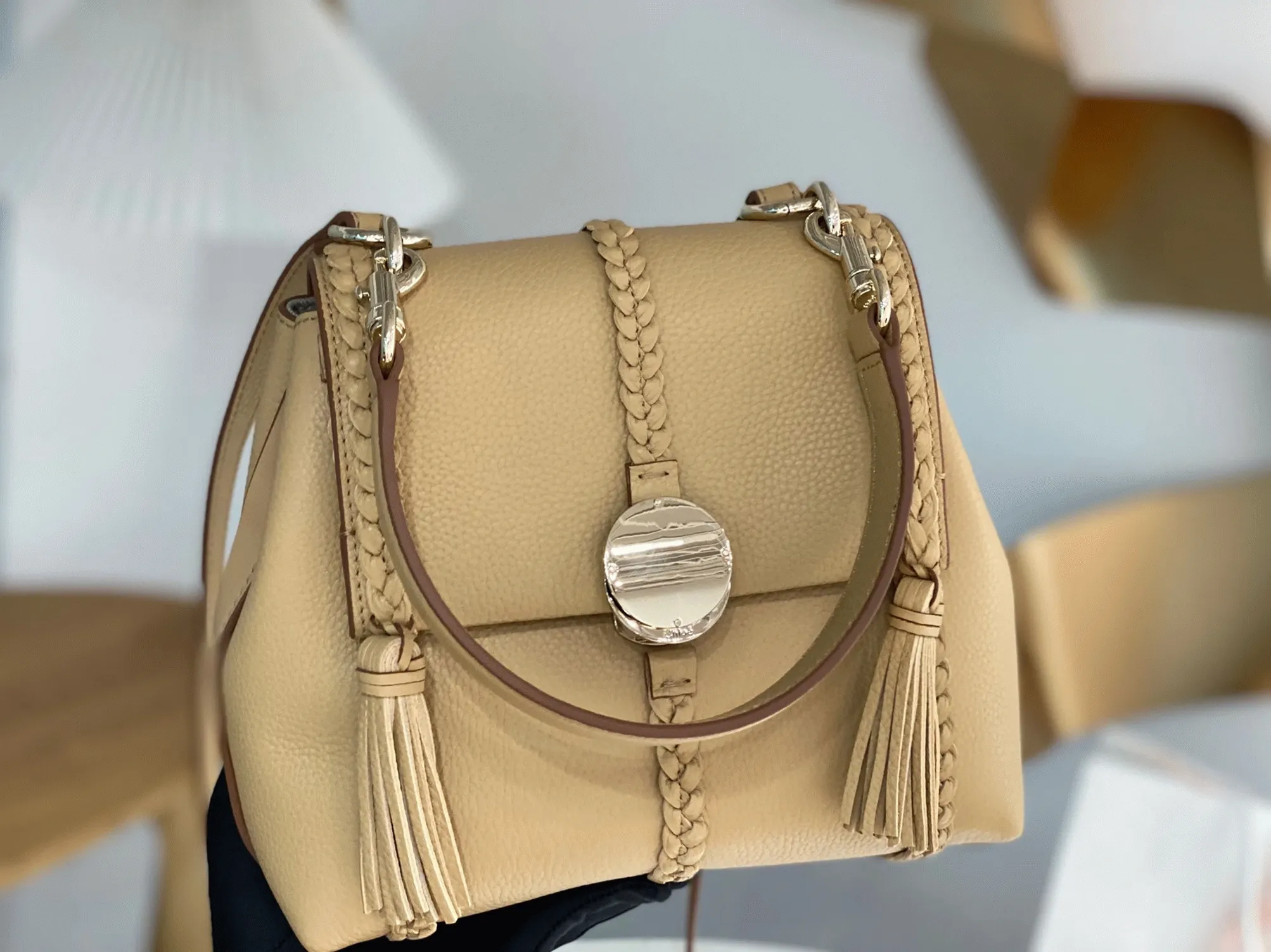 Top Quality Replica Chloe Penelope Small Shoulder Bag in Beige Grained Calfskin