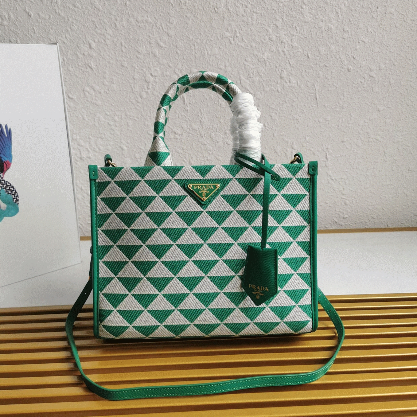 Pra*a Symbole Small Bag Replica in Green/White Jacquard Fabric