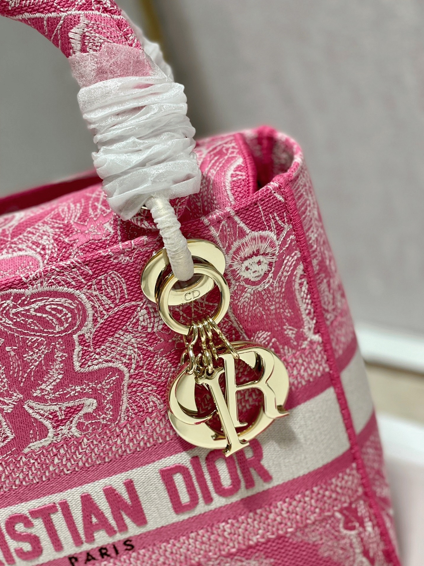D10r Lady D-Lite Medium Bag Replica in Fluorescent Pink Toile de Jouy Reverse Embroidery