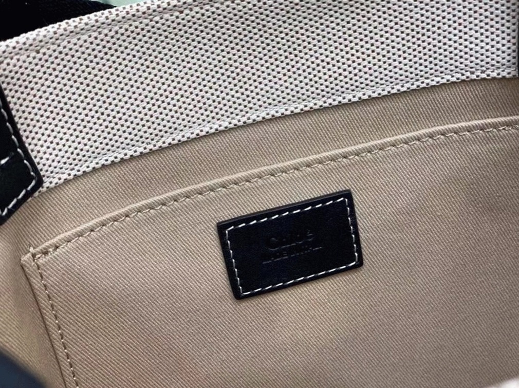 Top Quality Replica Chloe Small Woody Tote Bag in Canvas with Black Leather Strips