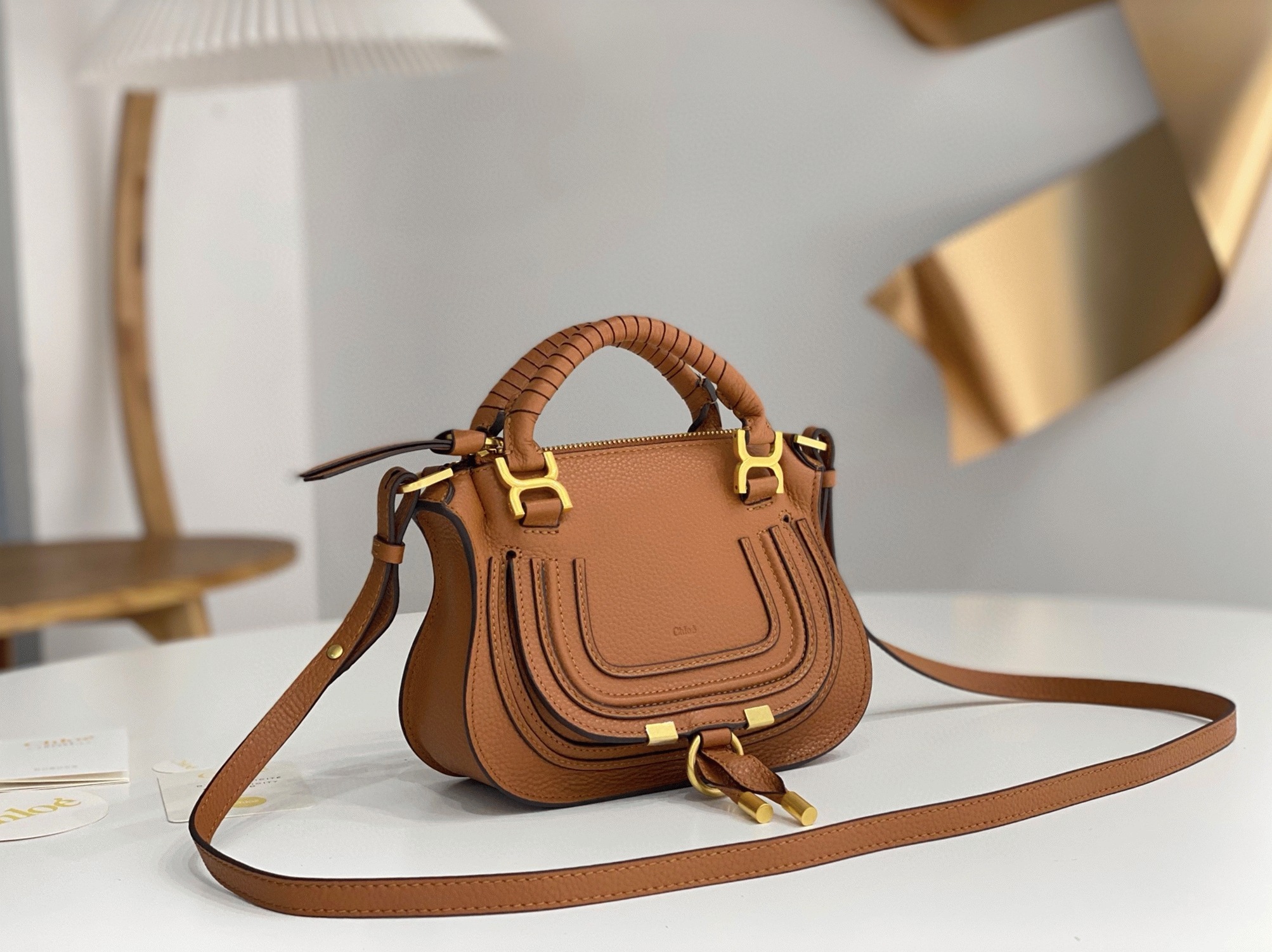 Top Quality Replica Chloe Marcie Mini Double Carry Bag in Brown Grained Leather