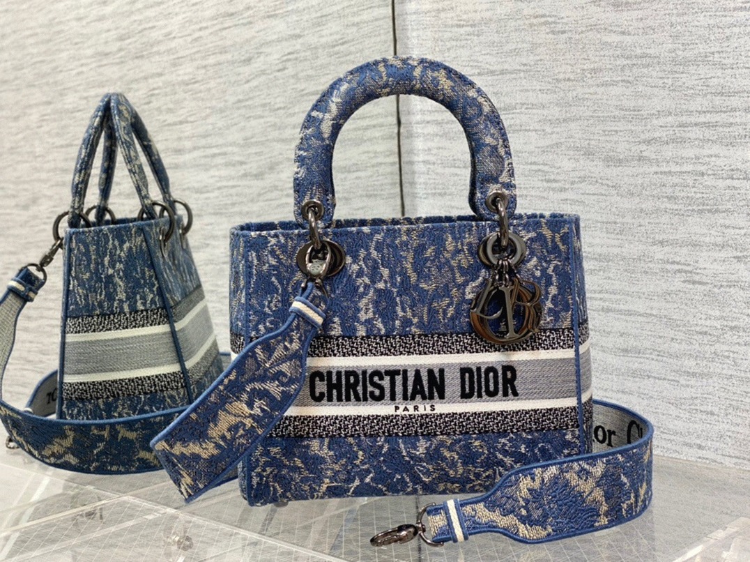 D10r Lady D-Lite Medium Bag Replica in Blue Brocart Denim-Effect Embroidery
