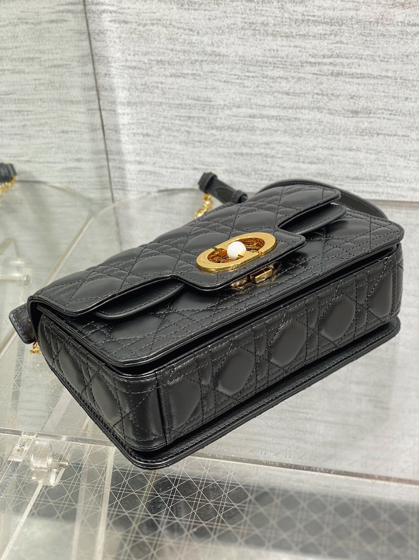 D10r Small Jolie Top Handle Bag Fake in Black Cannage Calfskin