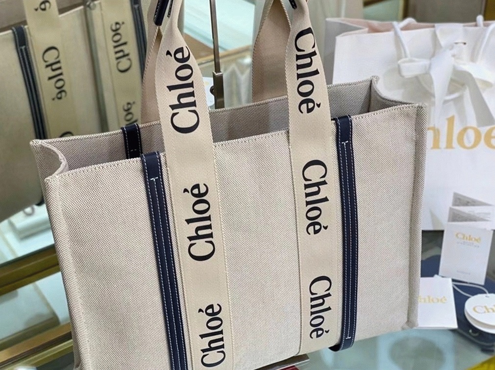 Top Quality Replica Chloe Large Woody Tote Bag in Canvas with Blue Leather Strips