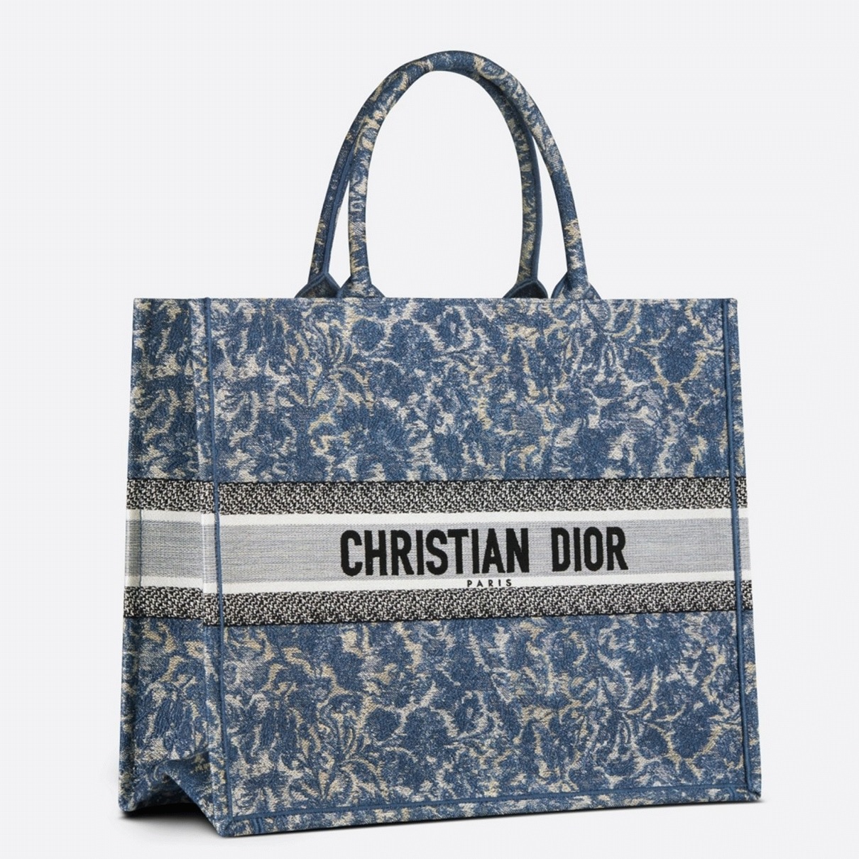 D10r Large Book Tote Bag Replica in Blue Brocart Denim-Effect Embroidery
