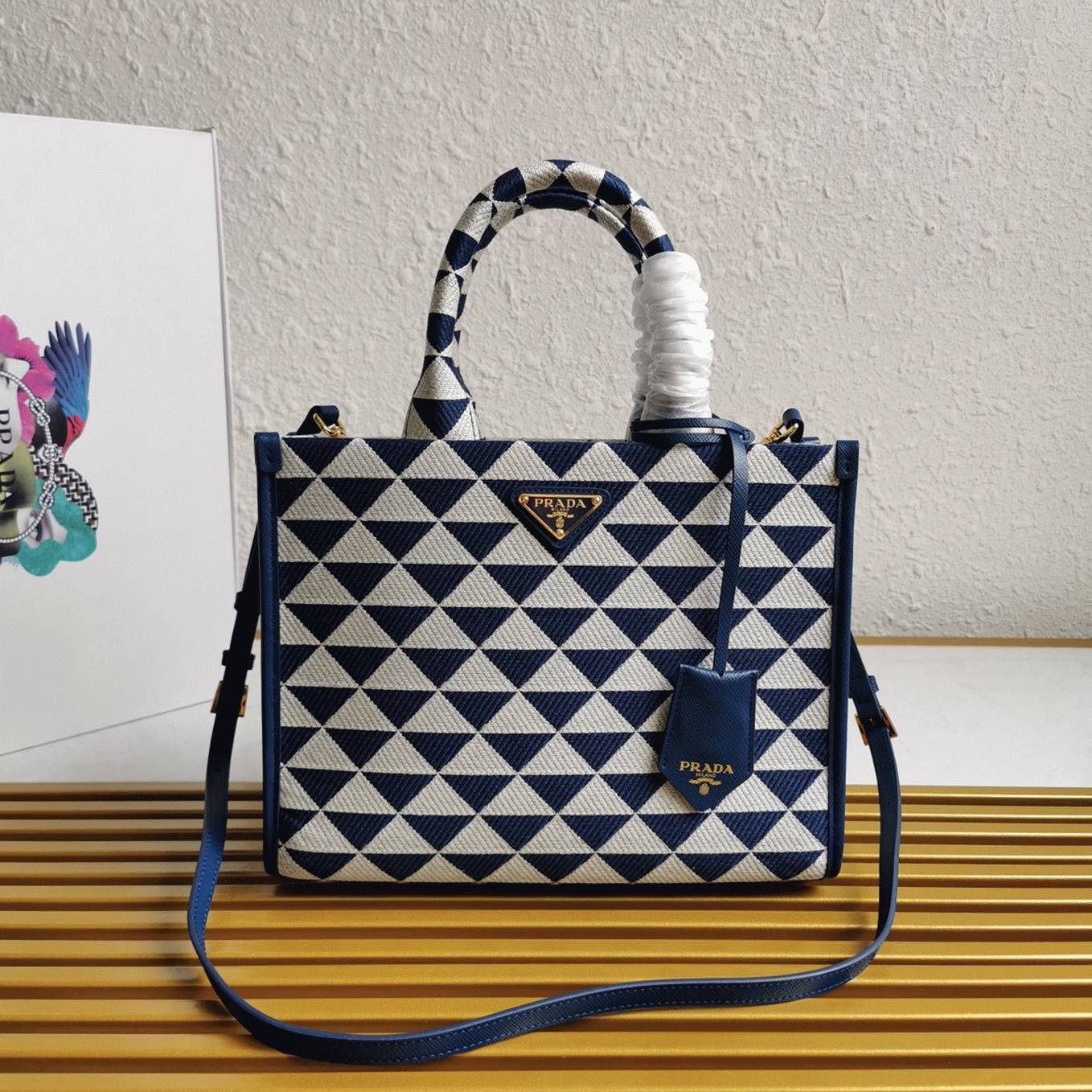 Pra*a Symbole Small Bag Knockoff in White/Blue Jacquard Fabric