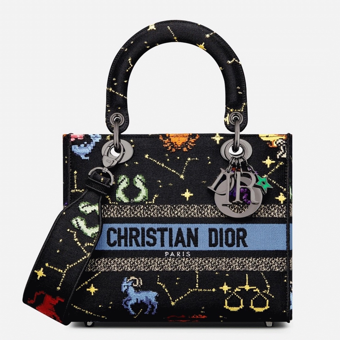 D10r Lady D-Lite Medium Bag Faux in Black Pixel Zodiac Embroidery