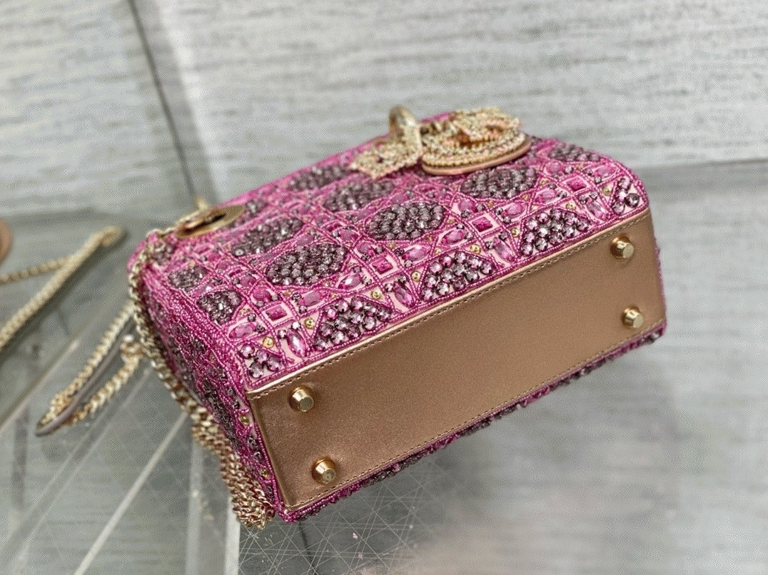 D10r Lady D10r Mini Chain Bag Fake in Satin with Pink Resin Pearl Embroidery
