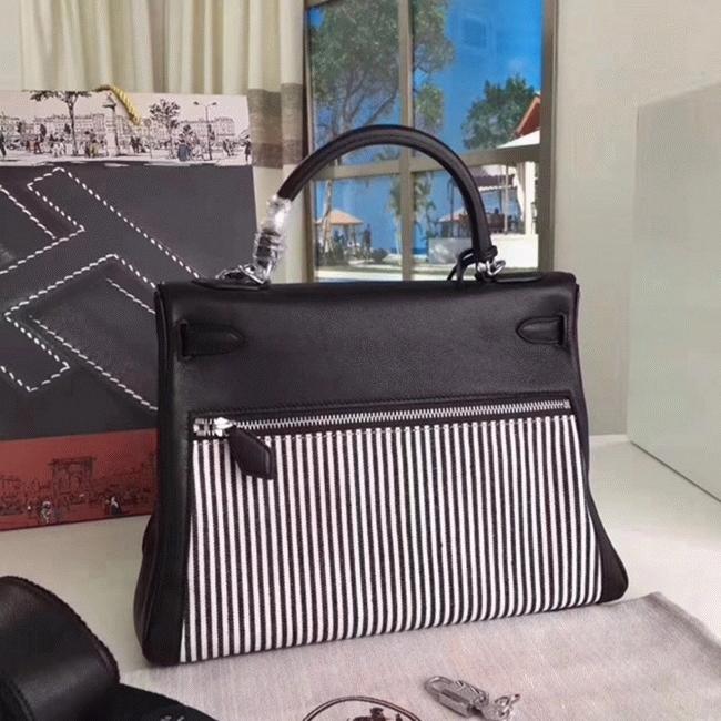 Black Toile Swift Knockoff H**me5 Kelly Lakis 32cm Hybrid Bag
