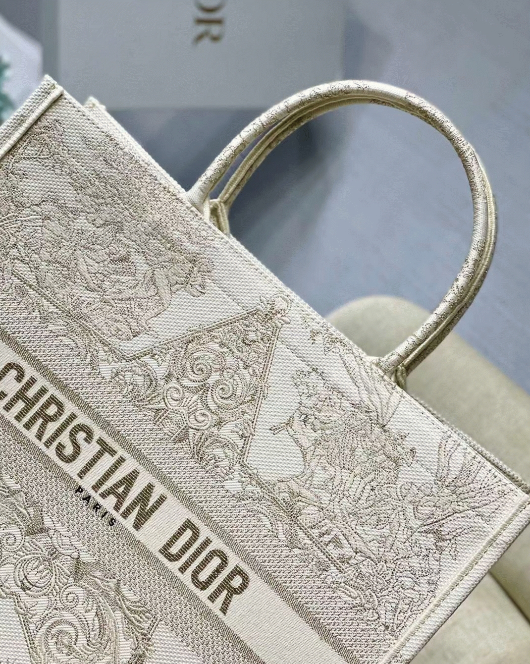 D10r Large Book Tote Bag Replica in D10r Around the World Stella Embroidery