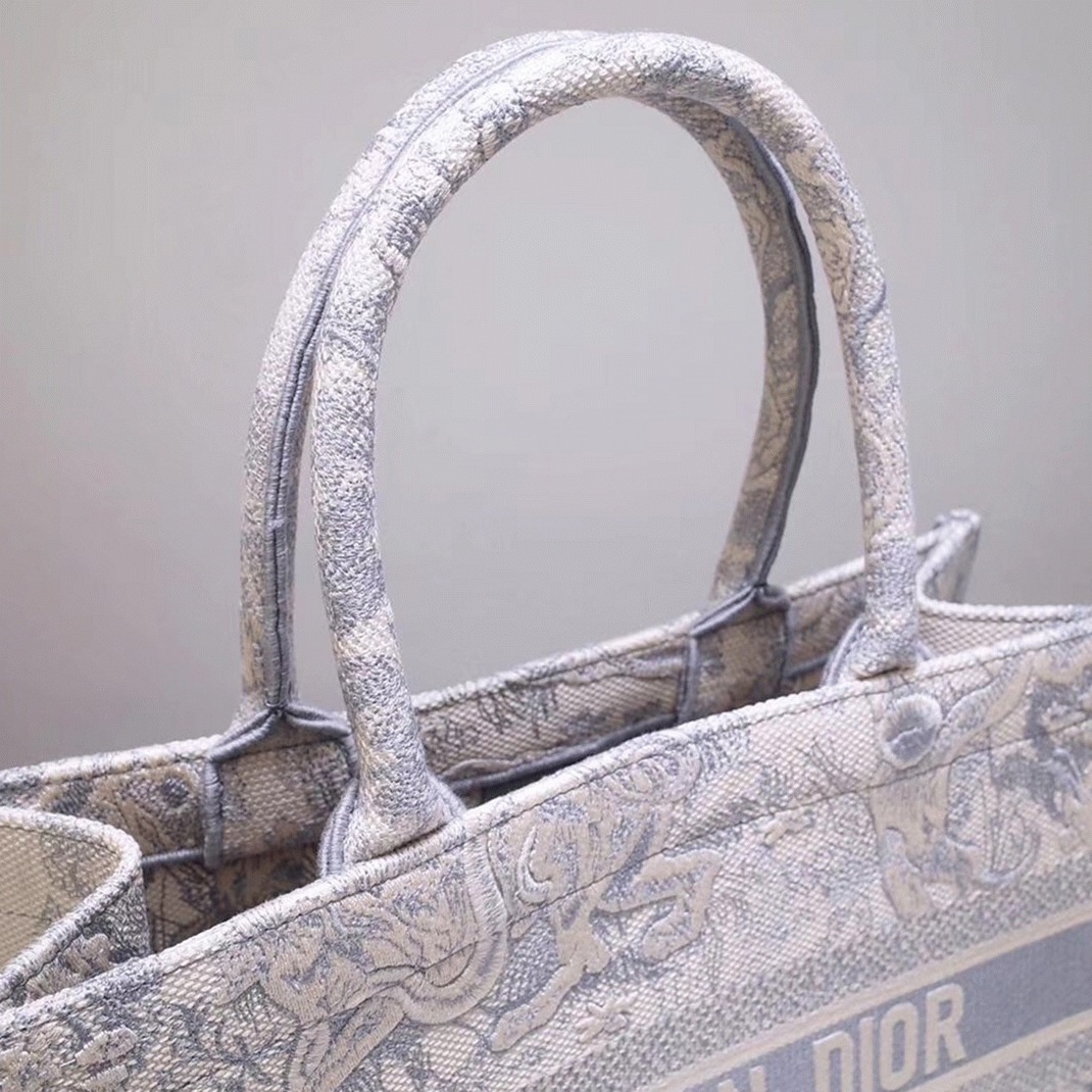 D10r Medium Book Tote Bag Fake in Grey Toile De Jouy Embroidery