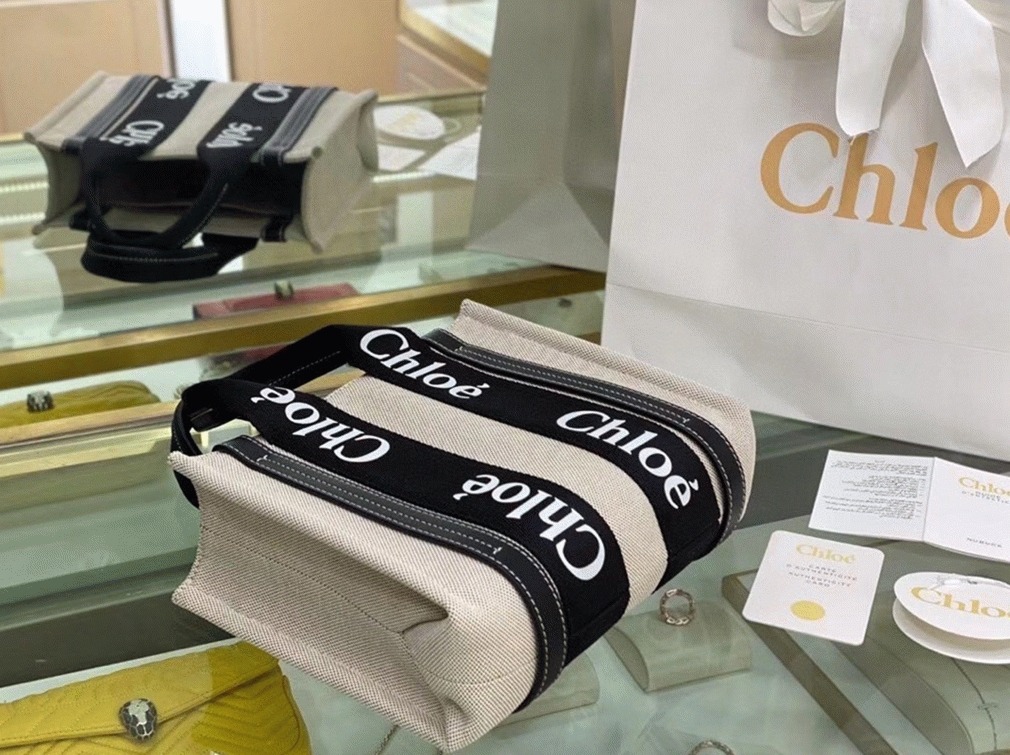 Top Quality Replica Chloe Small Woody Tote Bag in Canvas with Black Leather Strips
