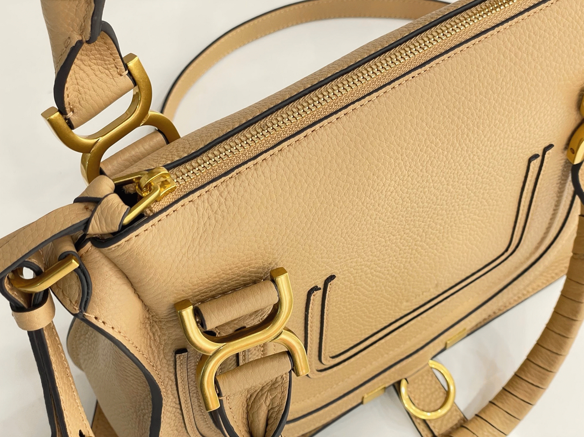 Top Quality Fake Chloe Marcie Small Double Carry Bag in Beige Grained Leather