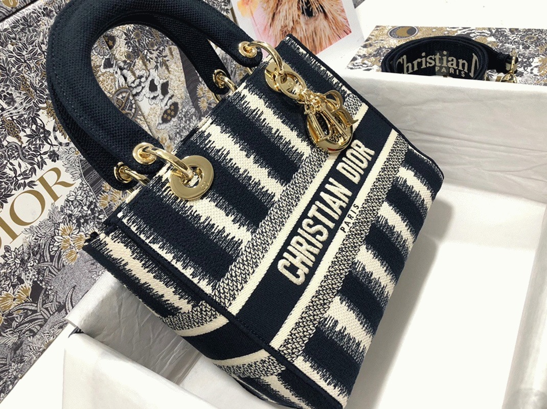 D10r Lady D-Lite Medium Bag Imitation in Blue D-Stripes Embroidery