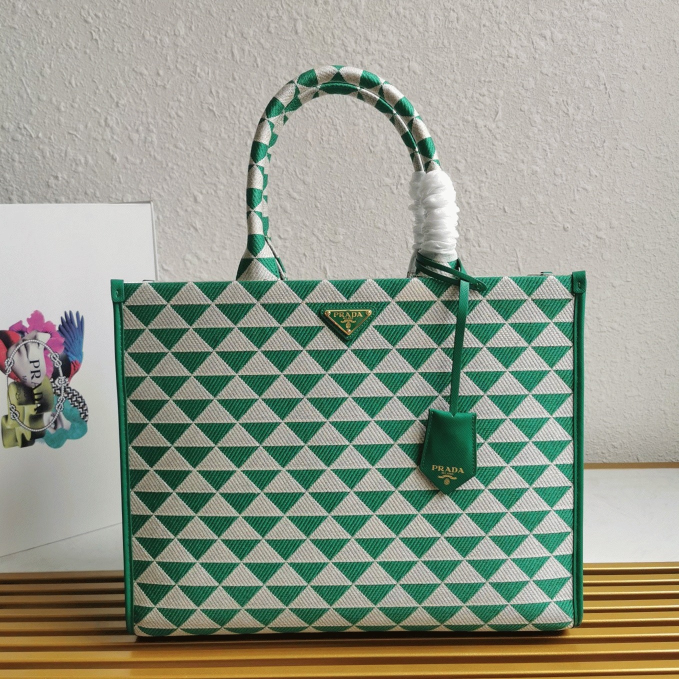 Pra*a Symbole Large Bag Fake in Green/White Jacquard Fabric