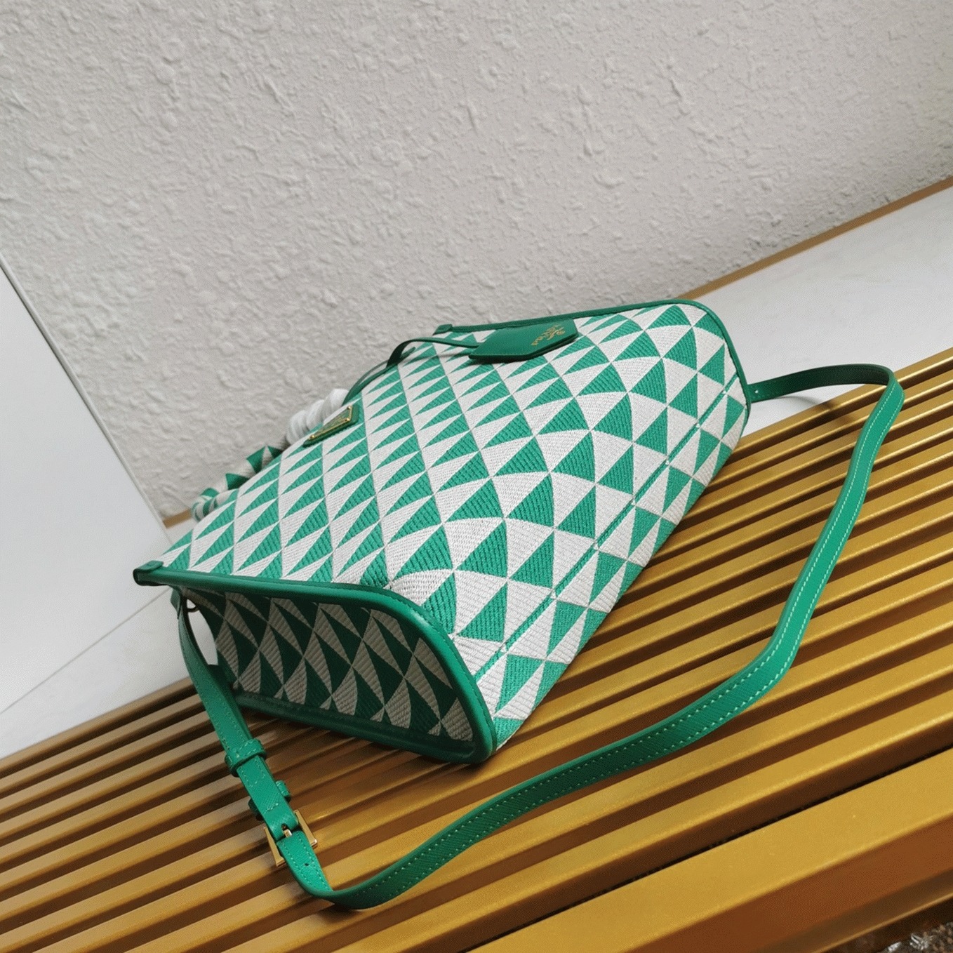 Pra*a Symbole Small Bag Replica in Green/White Jacquard Fabric