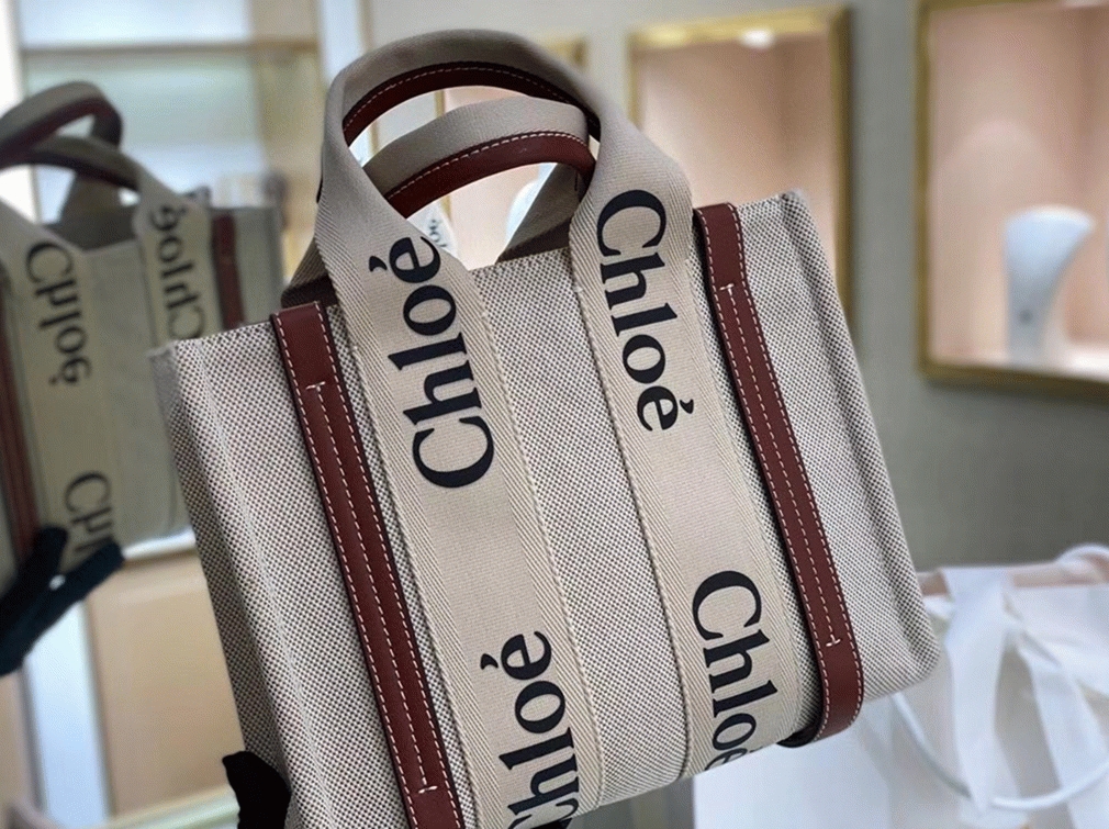 Top Quality Replica Chloe Small Woody Tote Bag in Canvas with Camel Leather Strips