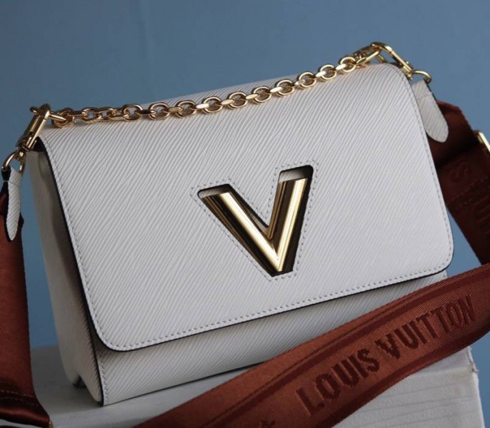 L0vis Vvtt0n Epi Leather Twist MM Bag In Optic White With Jacquard Strap