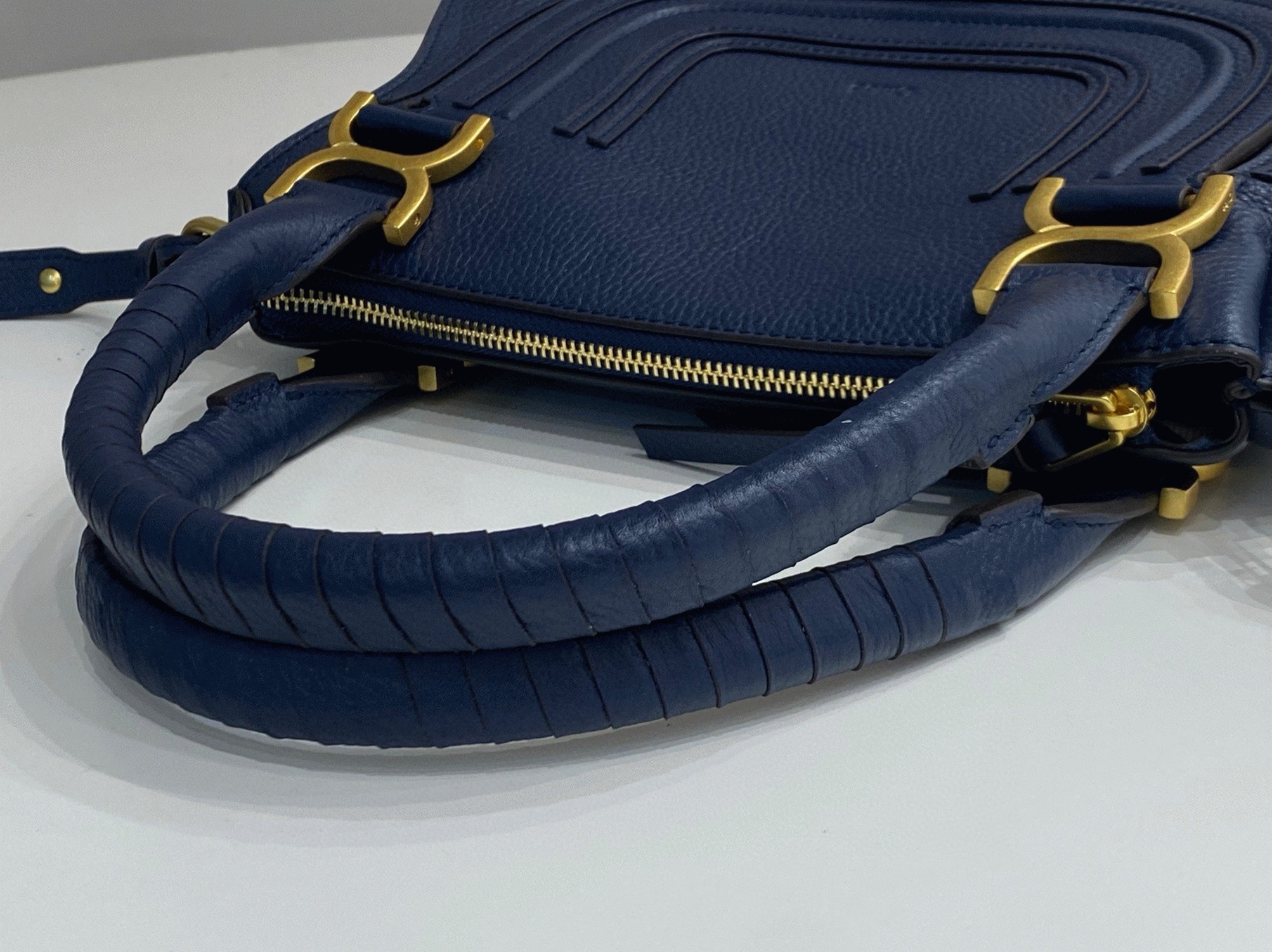 Top Quality Fake Chloe Marcie Small Double Carry Bag in Blue Grained Leather