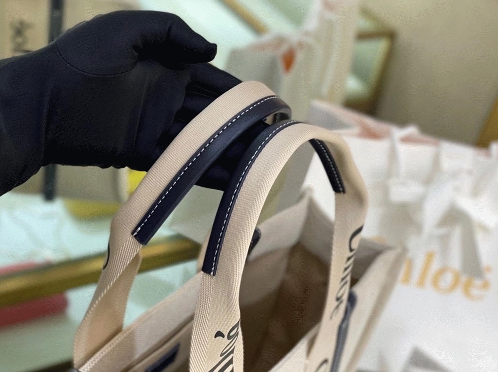 Top Quality Replica Chloe Large Woody Tote Bag in Canvas with Blue Leather Strips