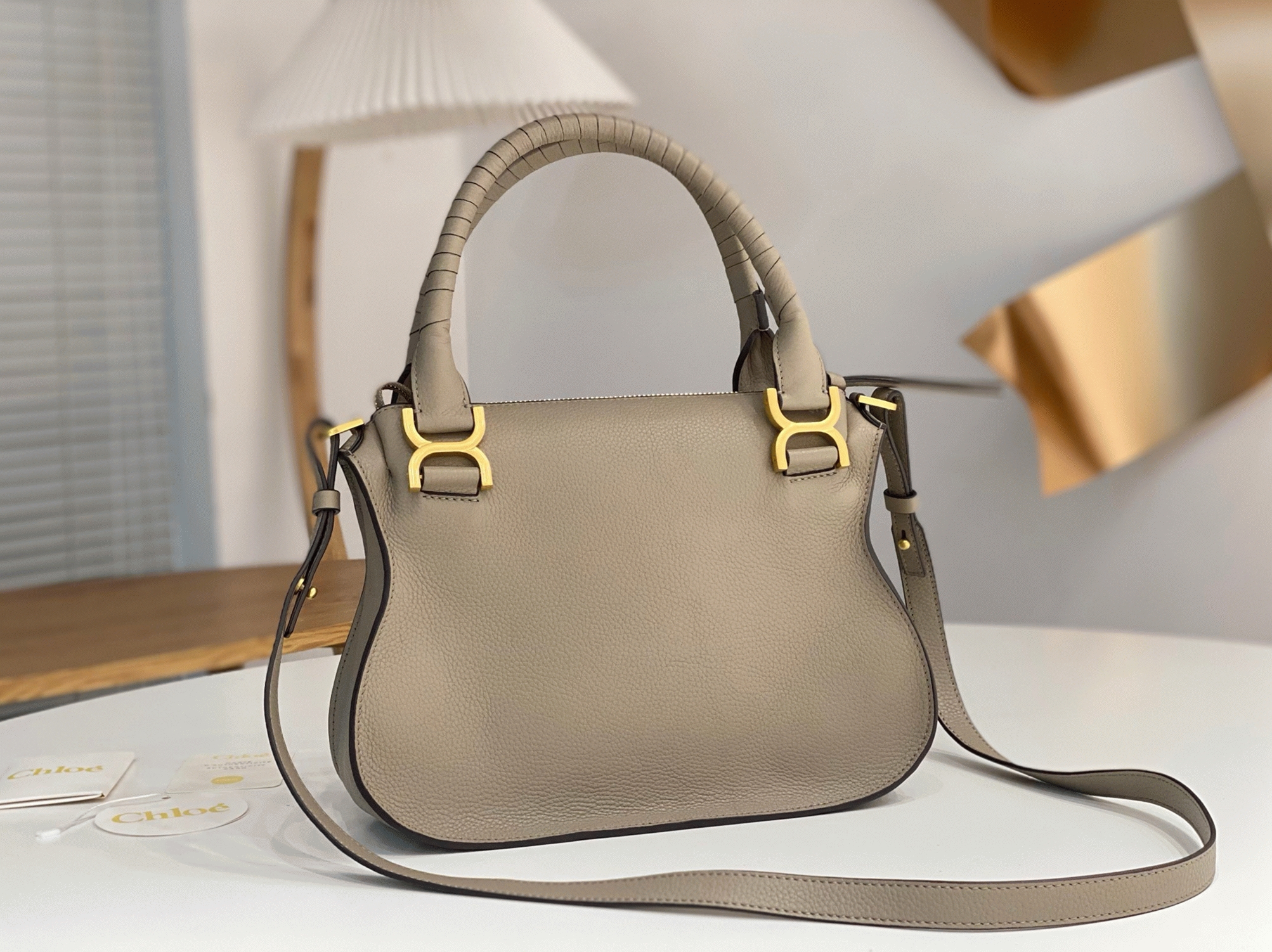 Top Quality Faux Chloe Marcie Small Double Carry Bag in Sand Grained Leather
