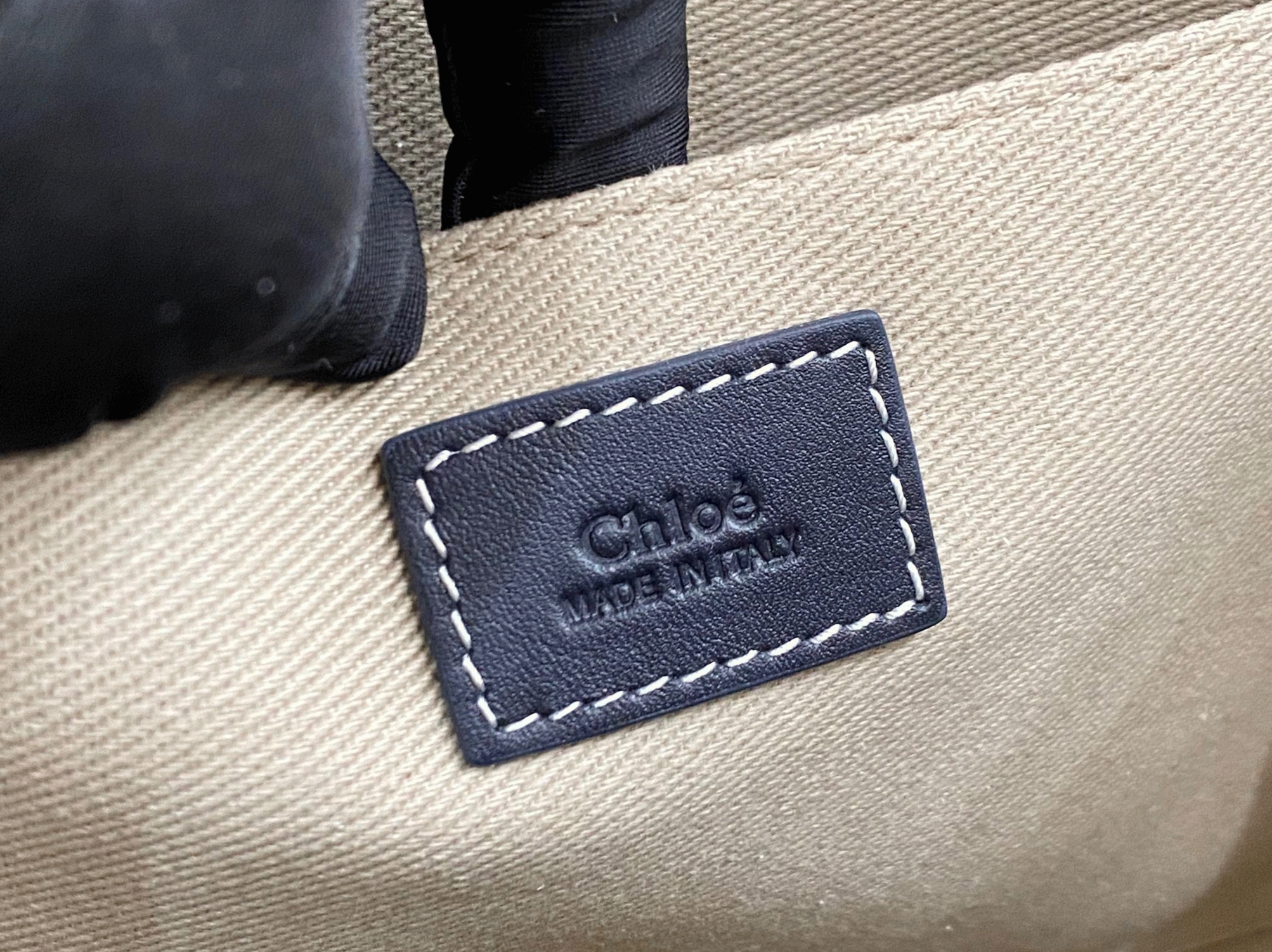 Top Quality Faux Chloe Woody Medium Tote Bag in Linen Canvas with Navy Blue Leather